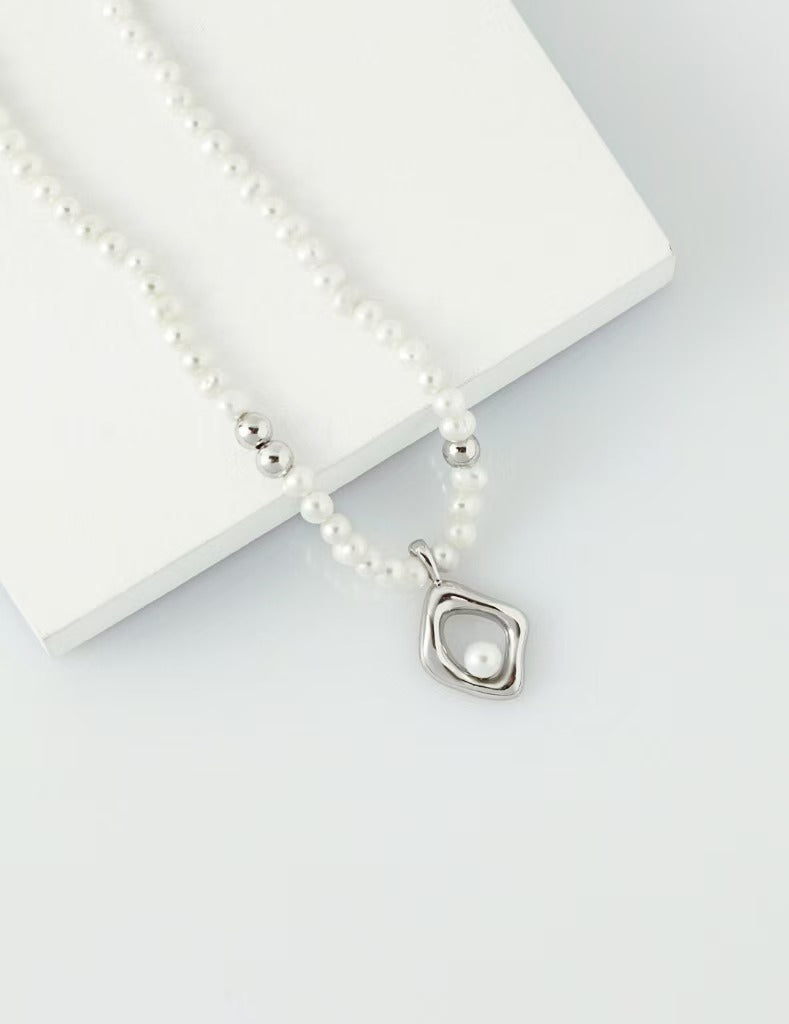 Asymmetric Pearl Earrings & Adjustable Necklace Set - 925 Silver (Silver/Gold-Tone)