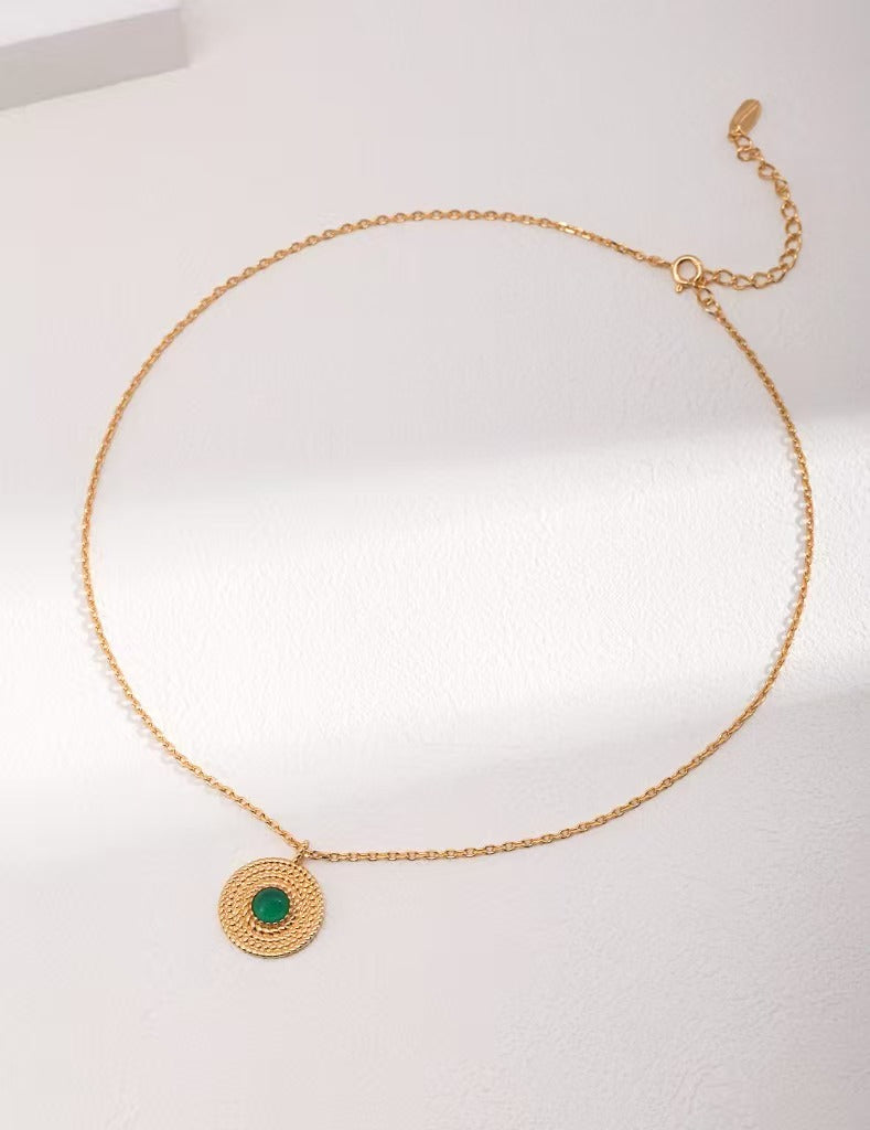 Green Chalcedony Jewelry Set - 925 Silver (Vintage Gold Tone)